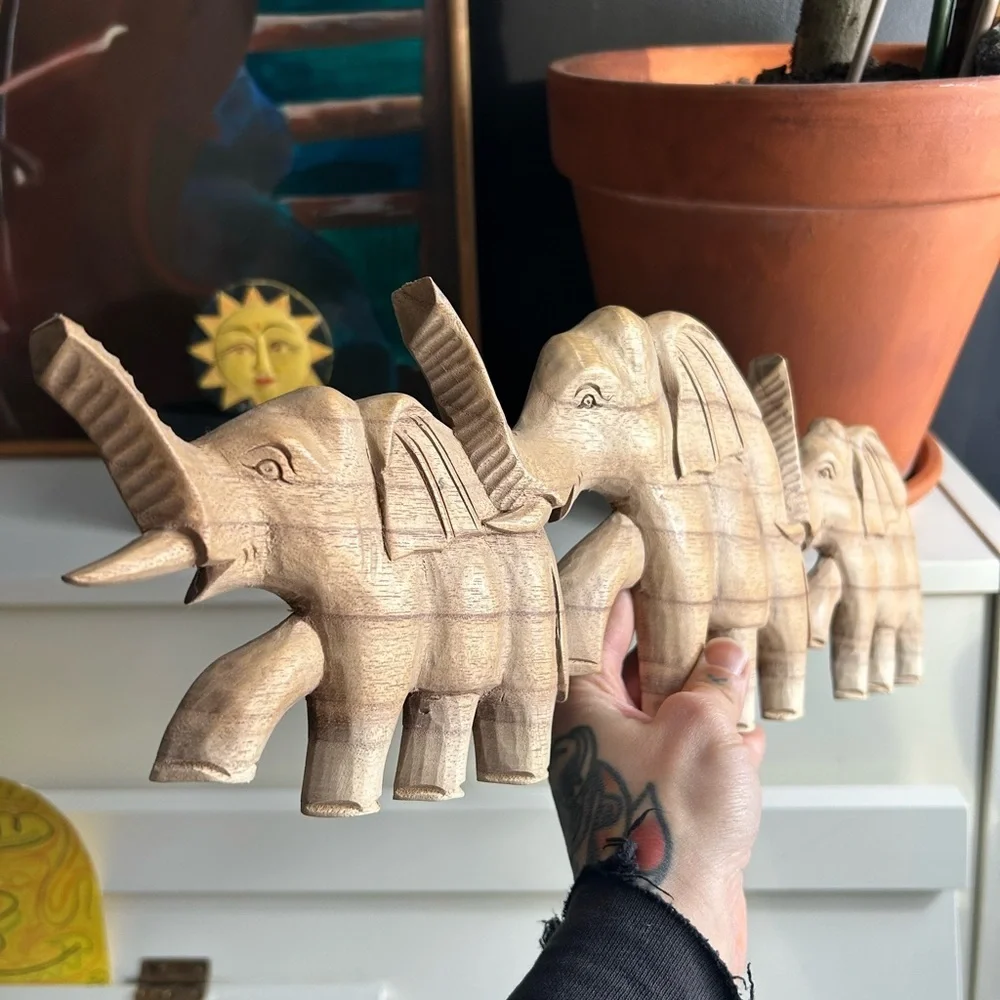 Vintage 19" X 6” Wooden Elephant Decor - Natural Brown - Picture 6 of 9